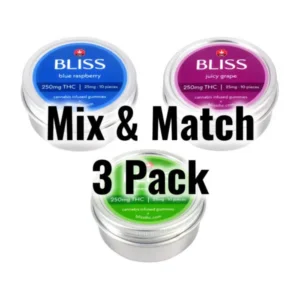 Bliss – 3 Pack Gummies Mix & Match Bliss 3 Pack Gummies, cannabis gummy variety pack, mix and match cannabis gummies, buy cannabis edibles online, premium THC gummies, discreet cannabis shipping, Cannabis Exotic Dispensary gummies, high-quality cannabis edibles, flexible cannabis dosing, cannabis gummy sampler.