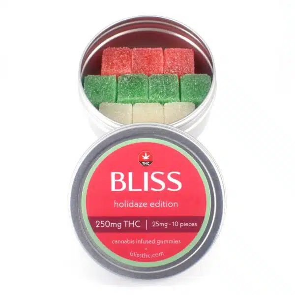 Bliss – Cannabis Infused Gummies – Christmas Holidaze Edition (250mg THC) Bliss cannabis gummies, Christmas Holidaze gummies, 250mg THC edibles, festive cannabis gummies, buy cannabis edibles online, premium cannabis edibles, discreet cannabis shipping, Cannabis Exotic Dispensary, holiday cannabis treats, smooth THC gummies.