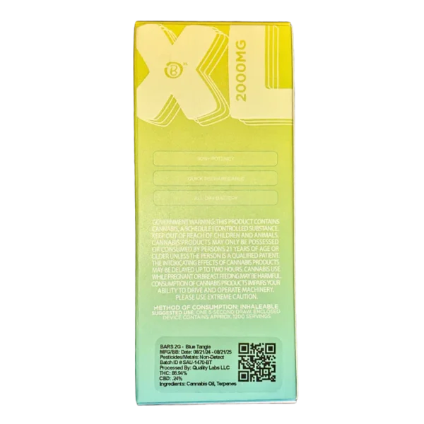 BARS XL disposable, Blue Tangie disposable, 2g cannabis disposable vape, citrus cannabis vape, premium disposable vape, high-capacity vape pen, Cannabis Exotic Dispensary vapes BARS XL disposable, Blue Tangie disposable, 2g cannabis disposable vape, citrus cannabis vape, premium disposable vape, high-capacity vape pen, Cannabis Exotic Dispensary vapes