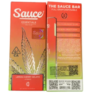 SAUCE ESSENTIALS Lemon Cherry Gelato is a hybrid-profile cold-cured live resin disposable vape featuring lemon, cherry, sweet fruit, citrus, and creamy dessert-inspired characteristics. Exact potency and size should be confirmed using the current product label and batch information.