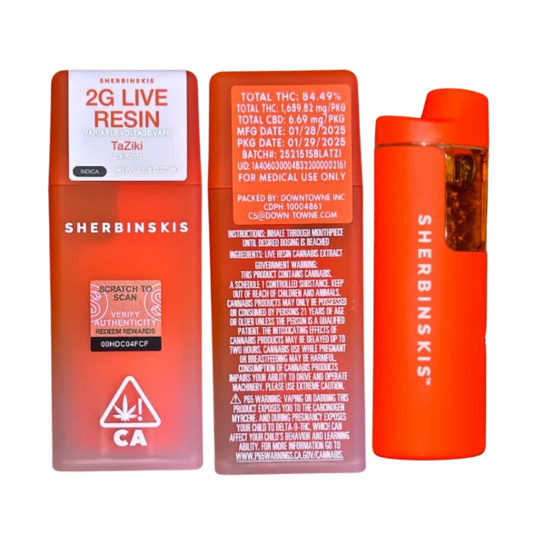 SHERBINSKI Taziki, SHERBINSKI Taziki Vape, SHERBINSKI Taziki Disposable, Taziki Live Resin, SHERBINSKI Live Resin Disposable, SHERBINSKI 2G Disposable, Taziki Cannabis Vape, Taziki Live Resin Vape, Puff Cannabis Dispensary