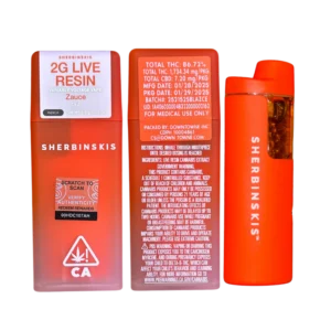 SHERBINSKI Zauce is a live resin cannabis vape profile known for sweet, fruity, candy, citrus, creamy, and earthy characteristics. Reported genetics are Zkittles × GG#4, while the stated product format is a 2G disposable.